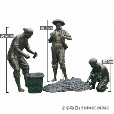 民俗捕鱼人物铜雕